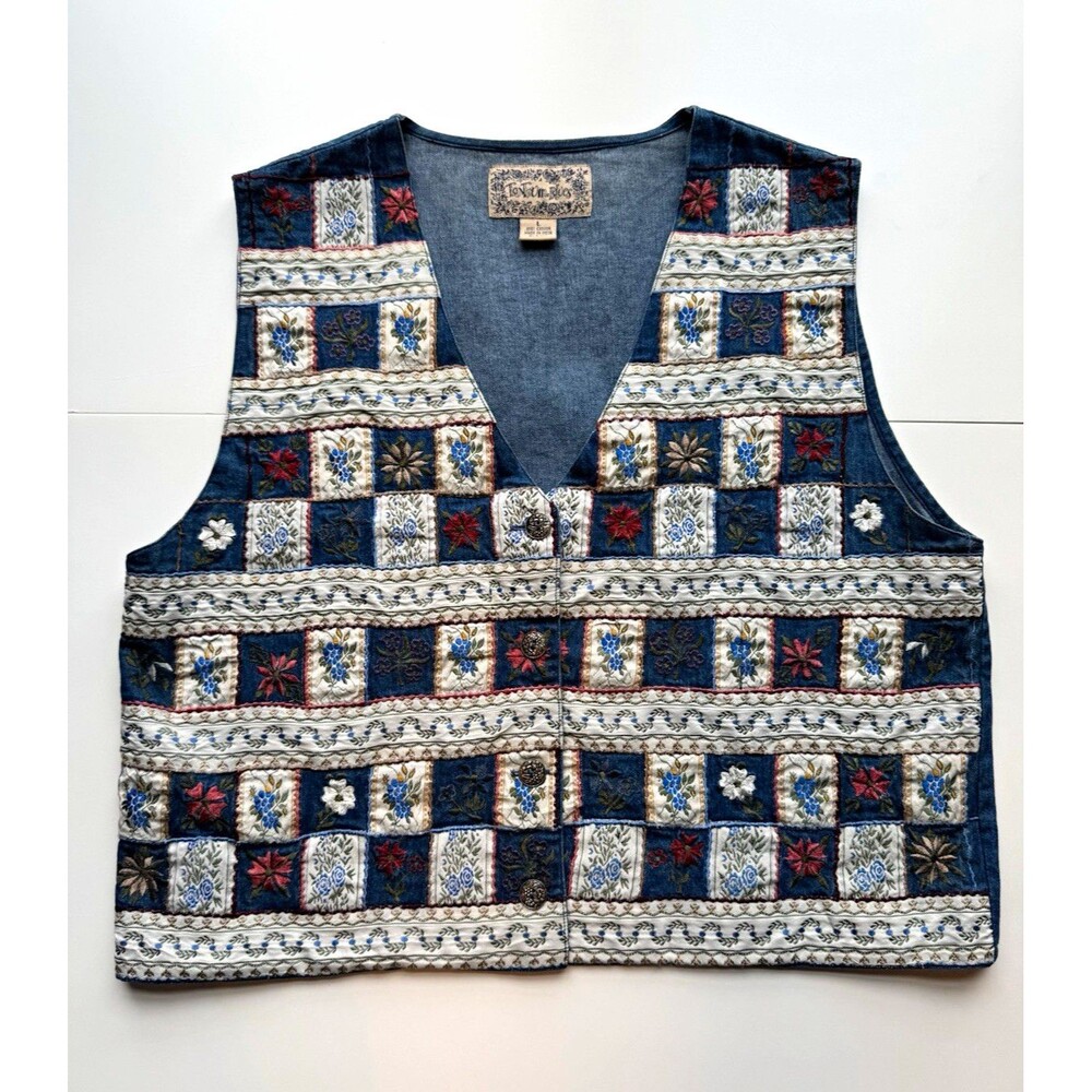 Tantrum Blues Patchwork Blue Floral Embroidered Button Front Vest Woman's Large